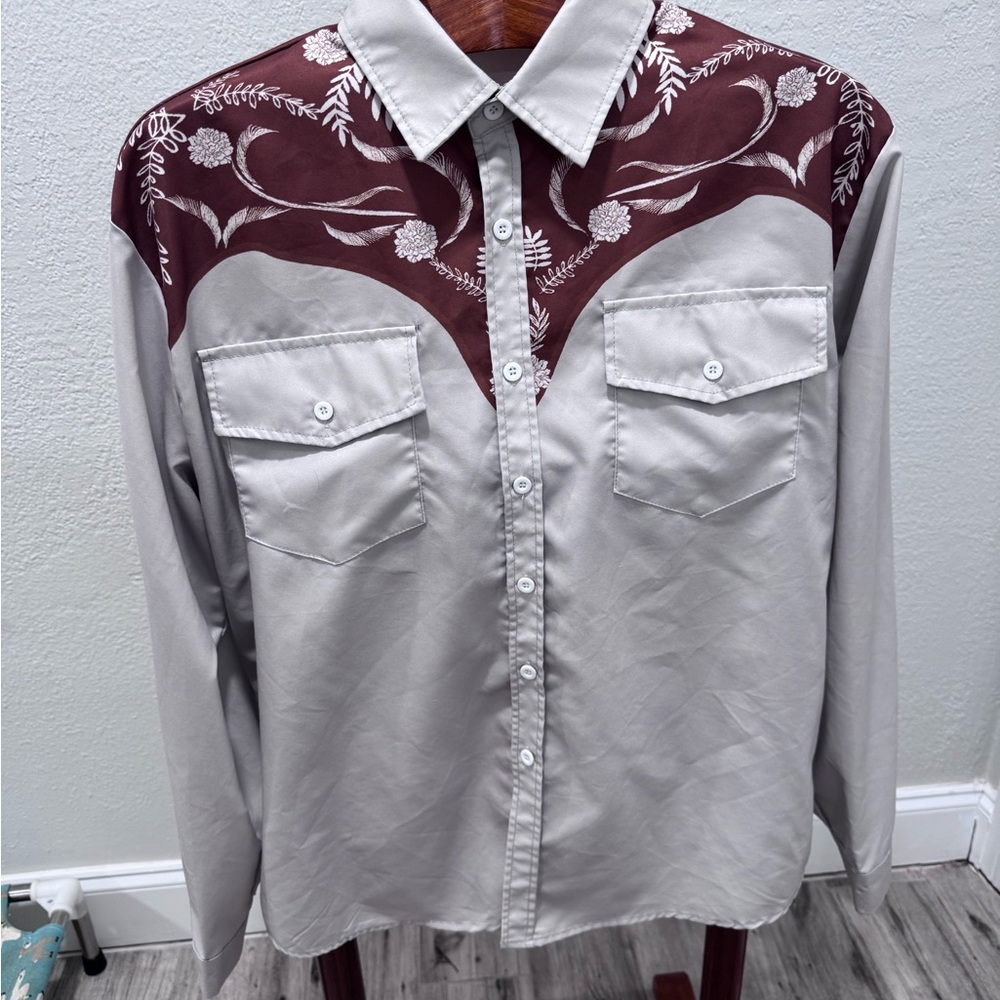 Men's Two-Tone Western Button-Down Shirt — Taupe Body with Brown Floral Yoke